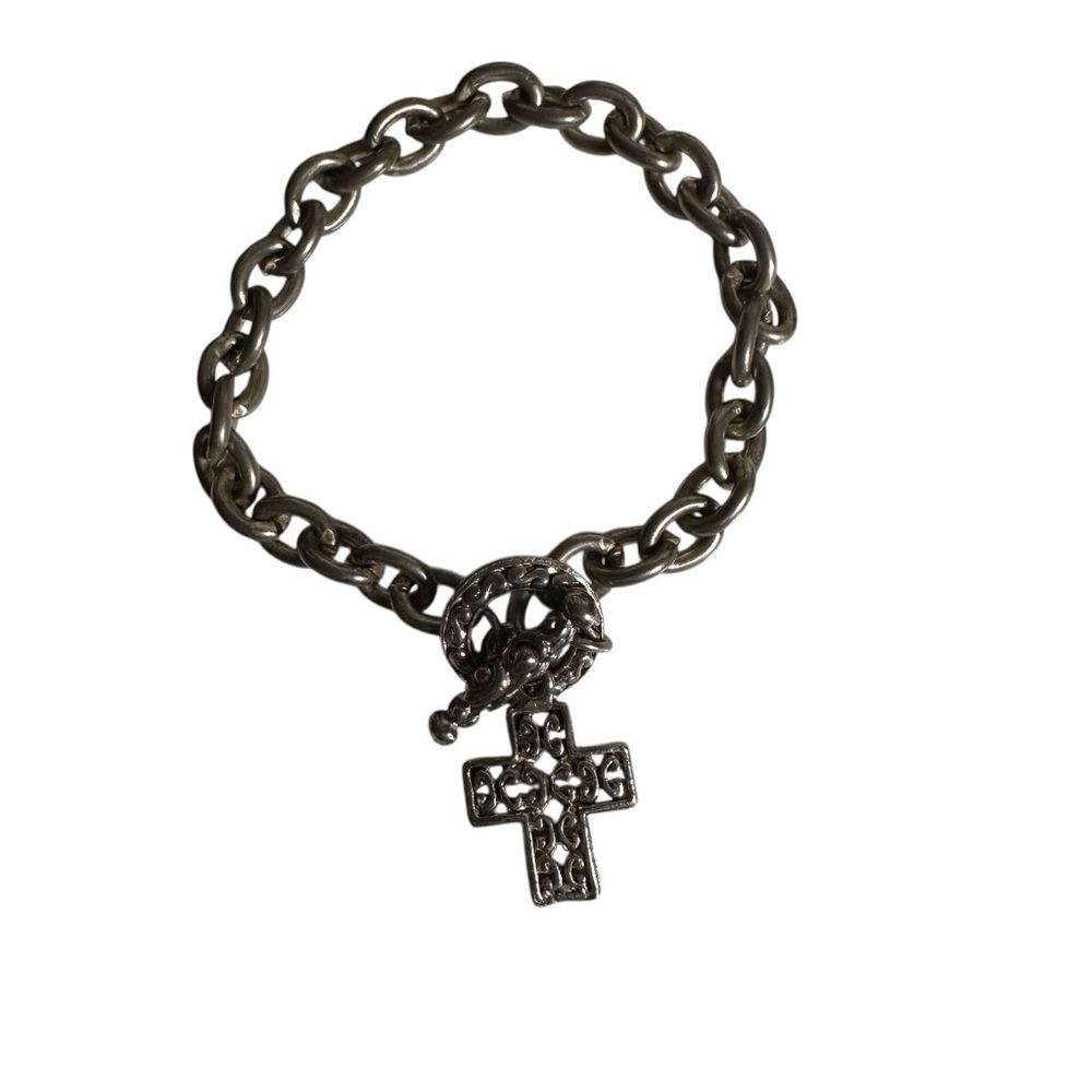 Silver Tone Cross Charm Rolo Links Bracelet